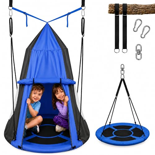 SereneLife Kids Tree Swing with Tent Cover - 40-Inch Saucer Seat, Blue, Indoor & Outdoor Play