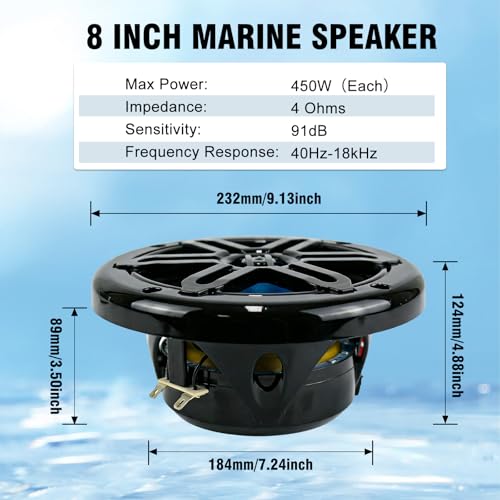 Herdio 8 Inch 450W Marine Coaxial Speakers with Blue LED Light - Black (Pair)