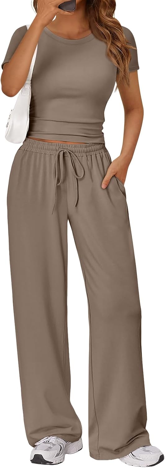 Trendy Queen 2 Piece Summer Sweatsuit Set - Women's Side Ruching Top & Wide Leg Pants with Pockets