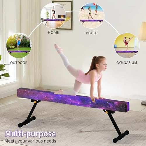Starry Pink 6FT Gymnastics Balance Beam for Kids, Adjustable Height Training