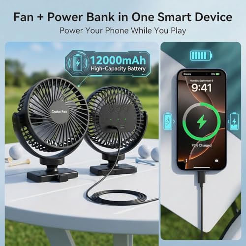 TORQELIN 2-Pack Magnetic Golf Cart Fan - 12000mAh Rechargeable Portable Cooler with N54 Magnet, 3 Speeds & 720° Adjustable Airflow, Variation 2