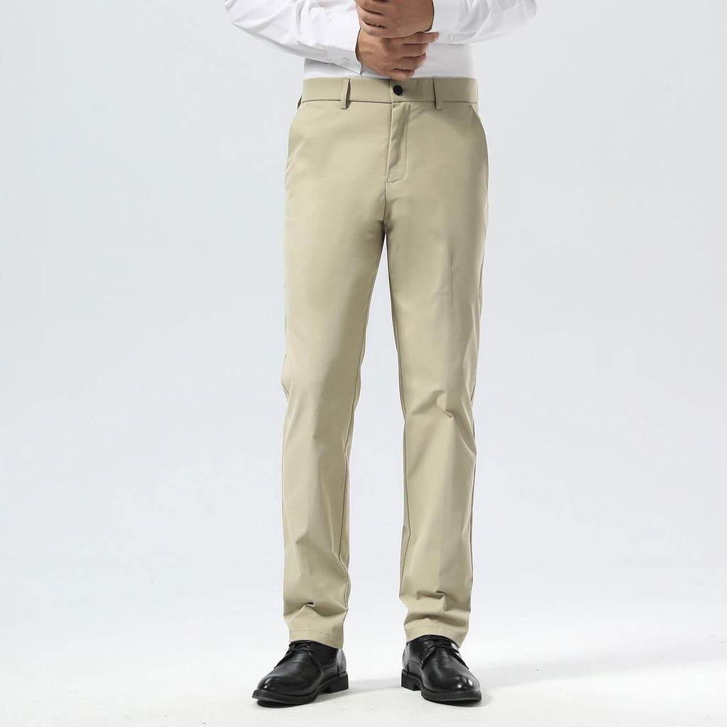 Plaid&Plain Men's Slim Fit Dress Pants - Stretch Khaki, Wrinkle-Free Comfort & Style