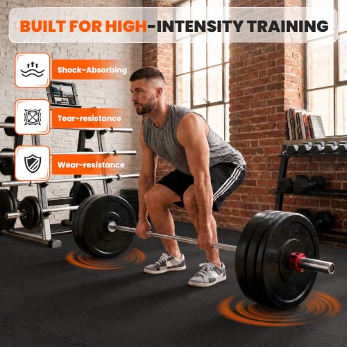 Black Stepwaver 0.56" Thick Rubber Gym Flooring Tiles - 48 Sq Ft Home Workout Mat