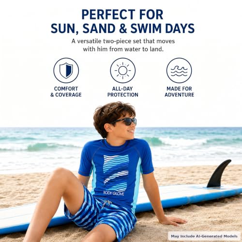 Body Glove Boys 2-Piece Swim Set Rash Guard & Trunks - Blue Waves, Size 4-12