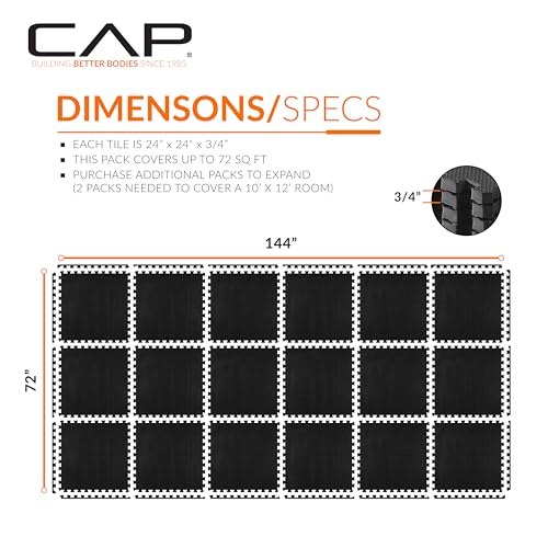 CAP 24-Inch Interlocking EVA Foam Puzzle Exercise Mat Set - 18 Tiles, 72 sq ft, Black, 3/4-Inch Thick