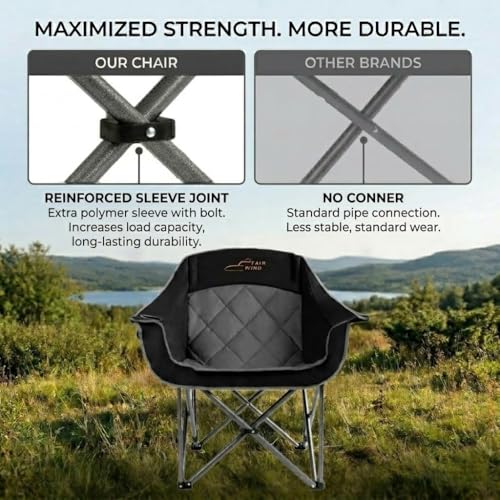 FAIR WIND 2 Pack XL Heavy Duty Camping Chairs Black - Oversized, Padded, Portable