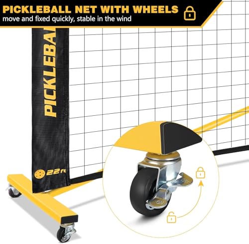 Fostoy 22ft & 11ft Pickleball Net Set Black & Yellow with Ball Collector and Wheels