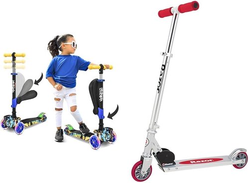 Hurtle Kids Scooter - Adjustable Height 3-Wheel Kick Scooter with Foldable Seat & Flashing Lights | For Ages 1-12