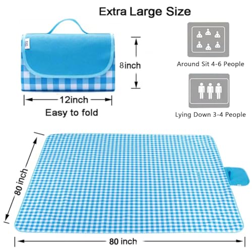 Extra Large Waterproof Picnic Blanket 80x80 Inch for Beach Camping Hiking Blue