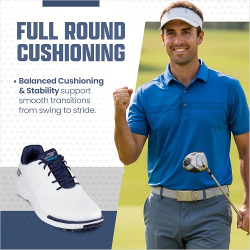 Waterproof Golf Shoes for Men - Skechers Tempo Spiked Golf Shoe White Navy 10