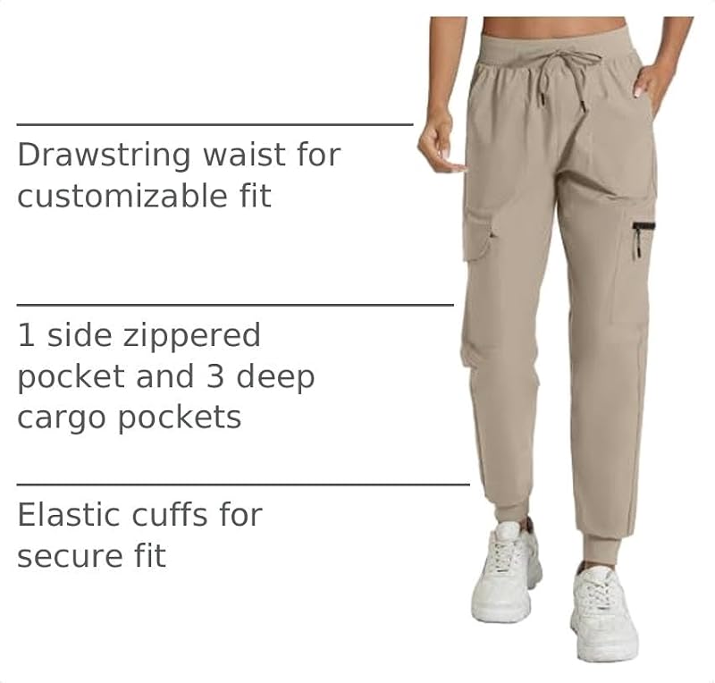 Women's Lightweight Cargo Hiking Pants with Pockets, Elastic Leg Opening, Large Size - Apricot