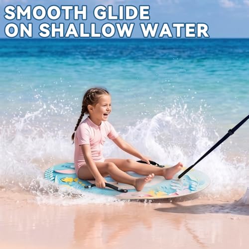 ELDGREON Whale Ocean Wooden Skimboard for Kids with Handles & Tow Rope - Beach & Shallow Water Toy
