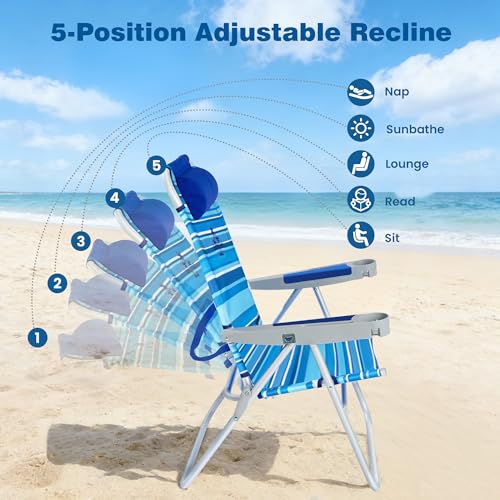 Sunnyfeel Tall Folding Beach Chair for Adults Light Blue - High Back, Reclining, Portable Outdoor Seating