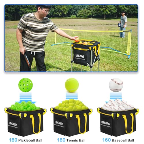 LOMGWAYS Yellow Foldable Pickleball & Tennis Ball Cart Holds 180 Tennis Balls
