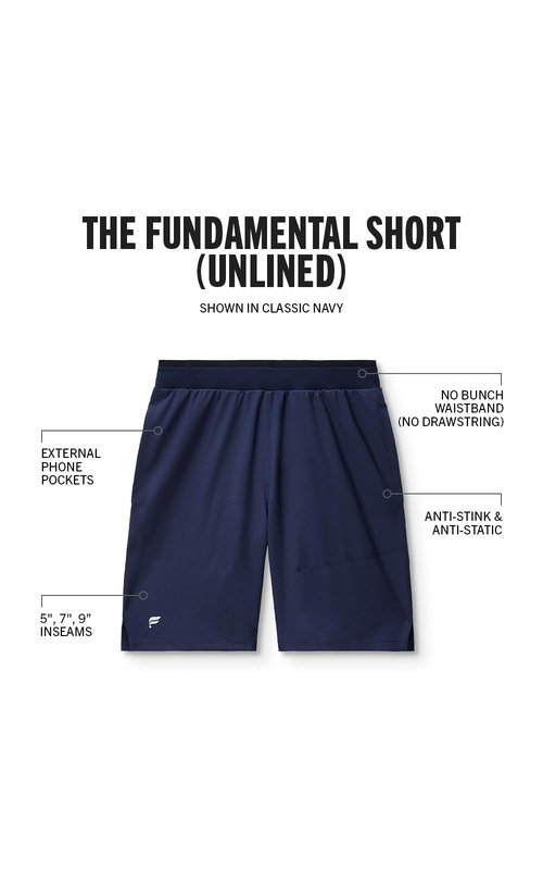 Fabletics Men's The Fundamental Short (Unlined), Workout, Running, Training, Gym, Yoga, Ultra Lightweight, Athletic, 7" Inseam, L, Deep Navy