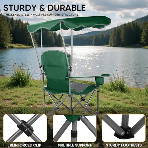 Northroad Green Folding Camping Chair with Canopy & Cup Holders Outdoor Portable Lounger