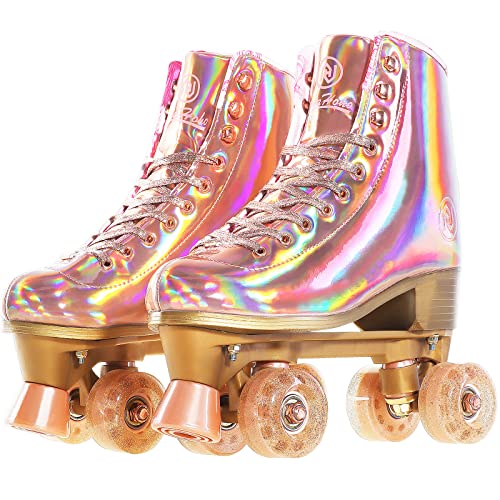 Pink Rose Gold Holographic Quad Roller Skates - US 9 / 10.4IN for Women & Girls