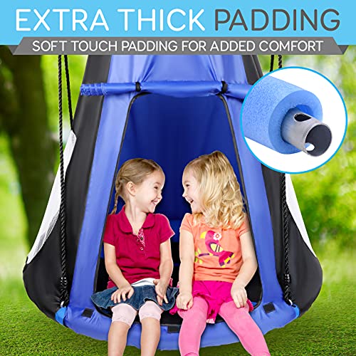 SereneLife Kids Tree Swing with Tent Cover - 40-Inch Saucer Seat, Blue, Indoor & Outdoor Play