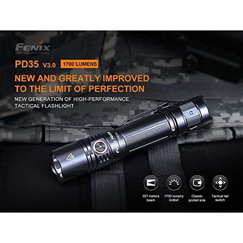 Fenix PD35 V3.0 Rechargeable Tactical Flashlight - 1700 Lumens, Black