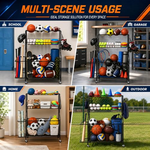 Garage Sports Equipment Storage Rack with Wheels, Ball, Bat, and Toy Organizer