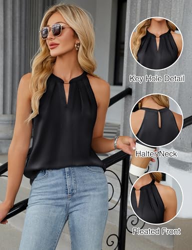 Blooming Jelly Women's Summer Satin Tank Top Dressy Casual Blouse Large Black