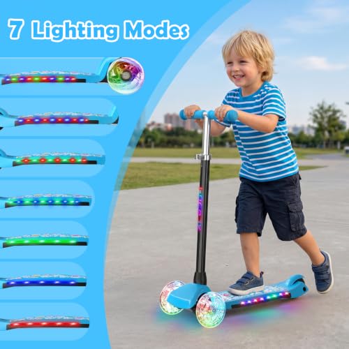 Kids Scooter with Light-Up Deck & 7 Lighting Effects - Blue, Adjustable Height