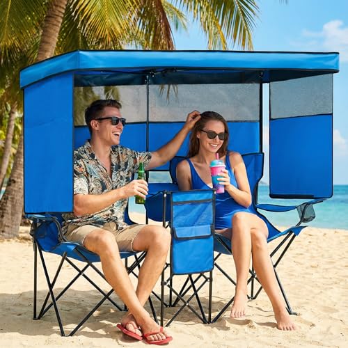 Blue Double Beach Chair with Canopy Shade, Cooler Bag & Cup Holders - Oversized Folding Loveseat for Camping & Beach