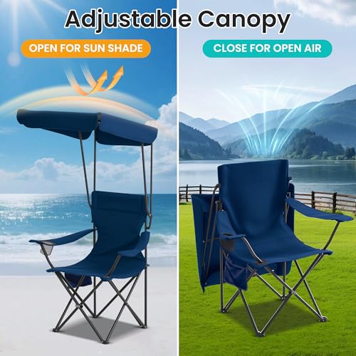 Foristrail Navy Blue 2-Pack Folding Camping Chairs with Canopies & Cup Holders