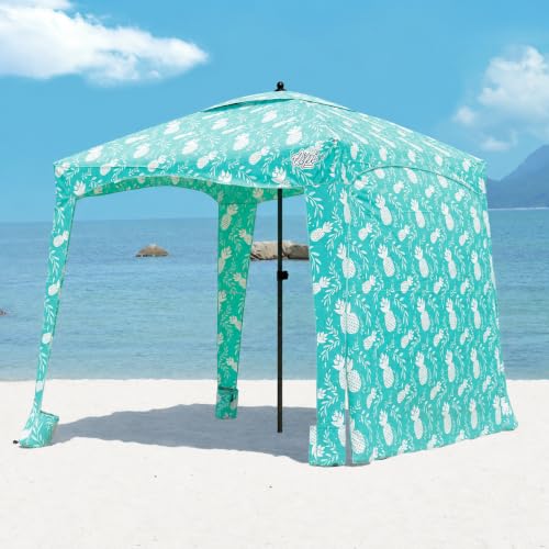 Beach Cabana Tent with Side Wall - UPF 50+ Sun Shelter 6x6 ft - Pineapple Jungle / Simple