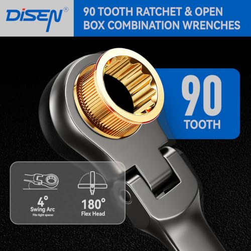DISEN 24pcs Ratcheting Wrench Set 90 Tooth Flex-Head, 24mm & Inch Sizes