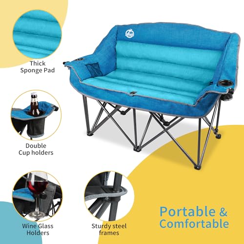 Oversized Double Camping Chair with Cup Holders & Carry Bag - Blue - Supports 600lbs - Fully Padded Loveseat - Heavy Duty Folding Duo Seat Variation L