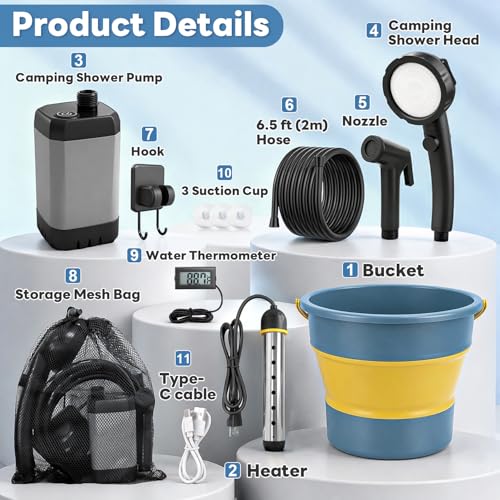 Portable Camping Shower with Heater - Blue-Yellow, 3 Spray Modes, 5 Gal Foldable Bucket