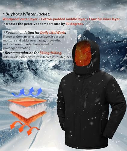 Buyboxs Men's Large Black Waterproof Winter Ski Snowboard Jacket - Insulated Rain Coat with Fleece Lining