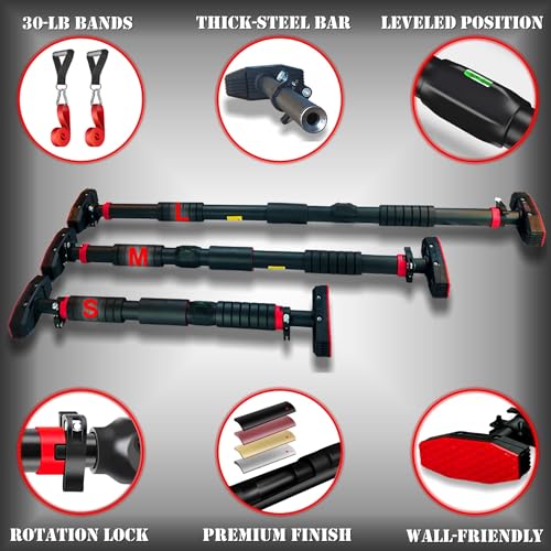 Pull Up Bar for Hallway or Doorway 6-Piece Set with Resistance Bands & Handles - 45-53 Inch Width