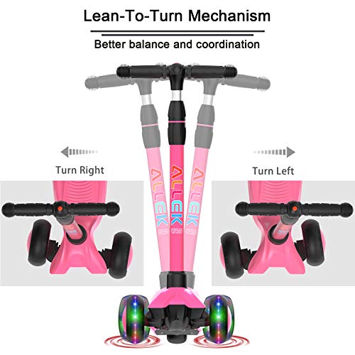 Allek Kick Scooter B03 for Kids - Rose Pink, Adjustable Handlebar, Light-Up Wheels