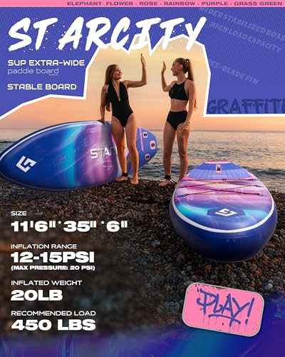 Starcity Rainbow 11'6" x 35" x 6" Inflatable Stand Up Paddle Board - Extra Wide, 450lb Capacity for Stable Lake Paddling, Beginner Friendly