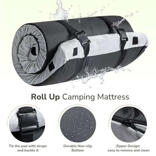 Small Portable Memory Foam Camping Mattress 72x24 Inch with Waterproof Non-Slip Bottom - Grey, Roll-Up Sleep Pad with Travel Bag - Cot Variation