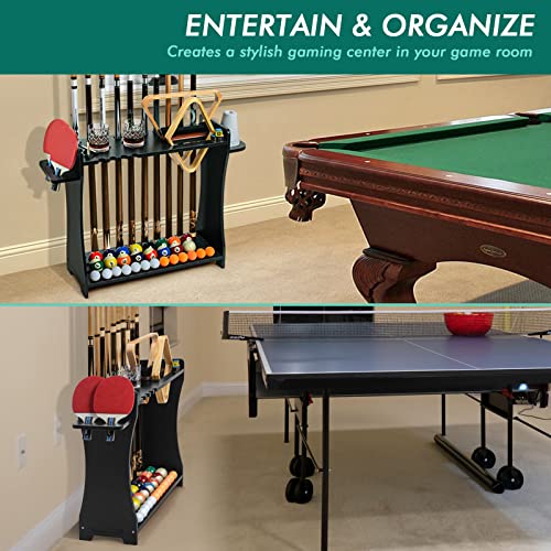 Wooden Pool Cue Rack Stand for 10 Cues & Billiard Accessories Storage