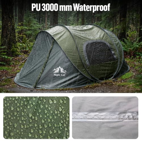 Night Cat 2-4 Person Waterproof Pop-up Camping Tent with Ventilation & Porch, Dark Green