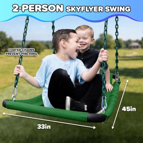 Kids & Adults Metal Swing Set with Skyflyer & 2 Sling Swings - Green/White, 9.5Ft