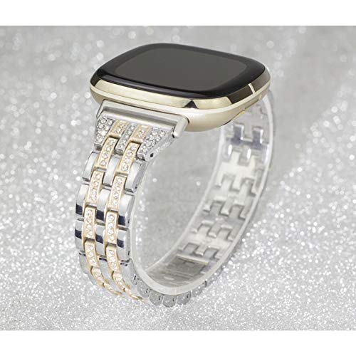 Silver Champagne Gold Bling Metal Watch Band for Fitbit Versa 4 Sense 2