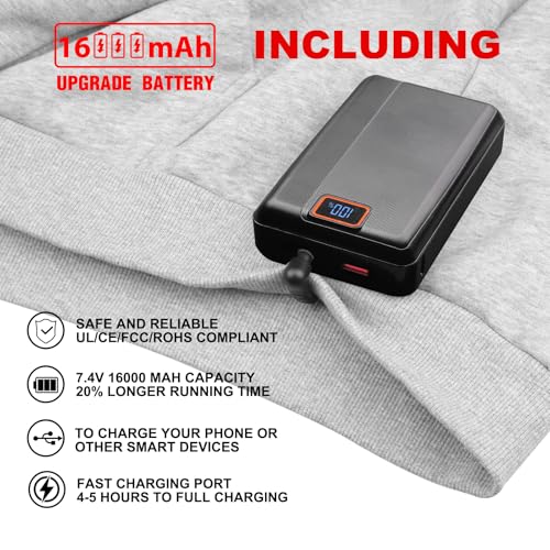 Heated Hoodie for Men & Women with 7.4V 16000mAh Battery, Medium Gray