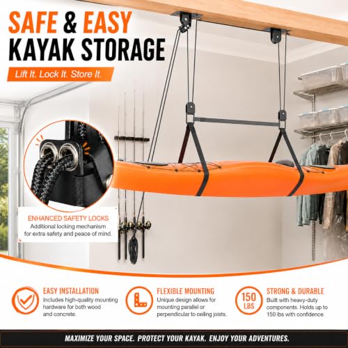 Heavy Duty Kayak Hoist with Garage Pulley System - 150 LBS Capacity, 10-18 ft Ceiling