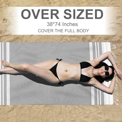 Oversized Turkish Cotton Beach Towel Set - Sand Free Quick Dry Blanket with Stripe - Brown Stuff