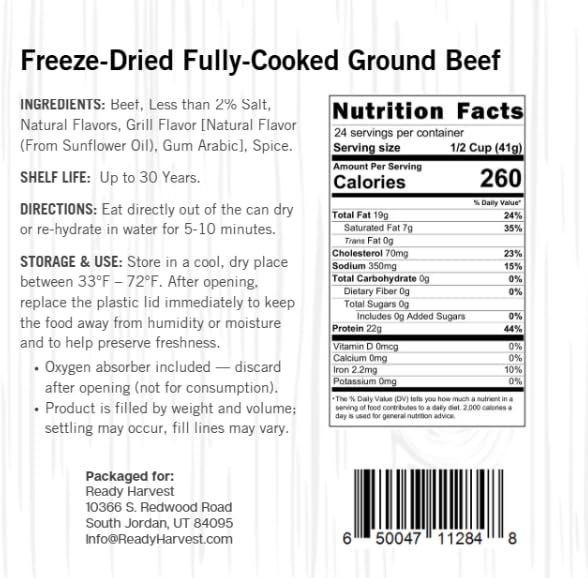 Ready Harvest Freeze-Dried Ground Beef - Large Emergency Food Can, 30-Year Shelf Life