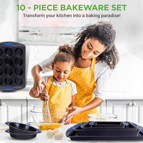 NutriChef 10-Piece Nonstick Bakeware Set - Heavy Duty Carbon Steel with Silicone Handles, Includes Cookie Sheets, Muffin, Pizza & Loaf Pans - Starter Kit