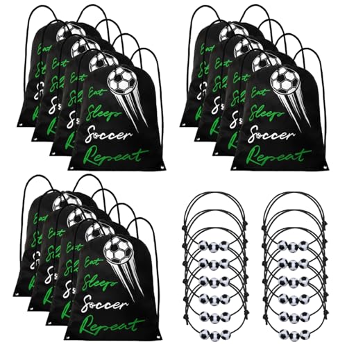 Soccer Party Favors Pack 24 Pcs with Drawstring Backpacks & Adjustable Bracelets for Kids & Adults