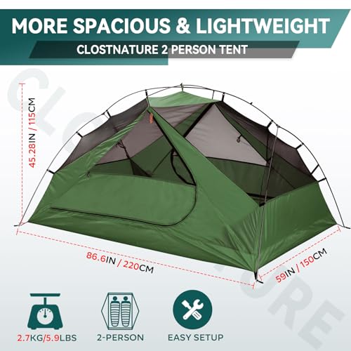 Green 2 Person Lightweight Backpacking Tent with High Headroom - Compact & Waterproof