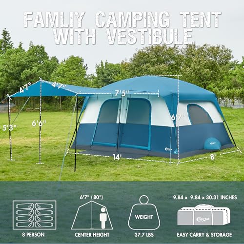 Portal 8-Person Blue Instant Cabin Tent with Rainfly & Large Mesh Windows