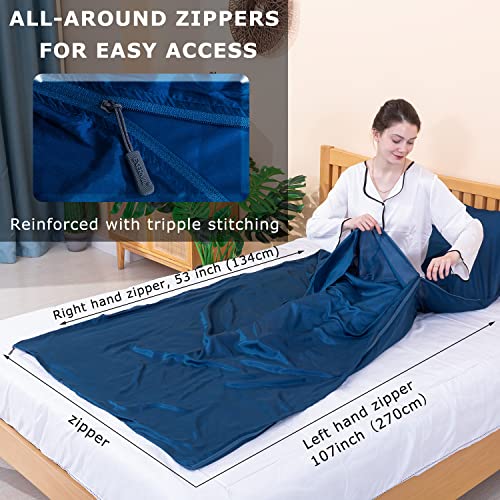 EXERMIL Navy Blue Silk Sleep Sack with Zippers - Large Travel & Camping Sheet, 87x43 inches, All Seasons, Unzips to Bed Sheet, Lightweight
